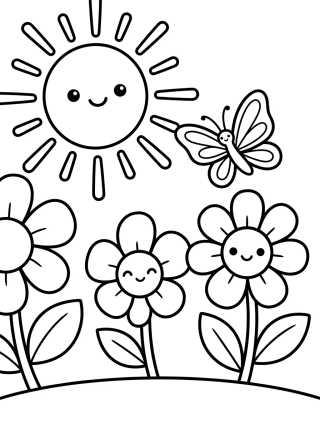 Spring Sun and Flowers para colorir Desenho de Spring Sun and Flowers para colorir e imprimir grátis