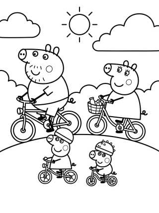Pig Family Riding Bicycles para colorir Desenho de Pig Family Riding Bicycles para colorir e imprimir grátis