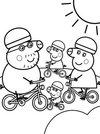 Pig Family Riding Bicycles para colorir Desenho de Pig Family Riding Bicycles para colorir e imprimir grátis