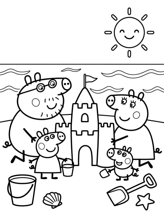 Pig Family Building a Sandcastle para colorir Desenho de Pig Family Building a Sandcastle para colorir e imprimir grátis