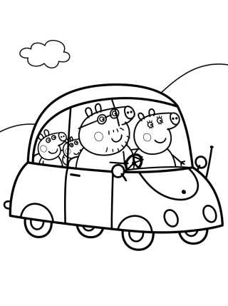 Pig Family in the Red Car para colorir Desenho de Pig Family in the Red Car para colorir e imprimir grátis