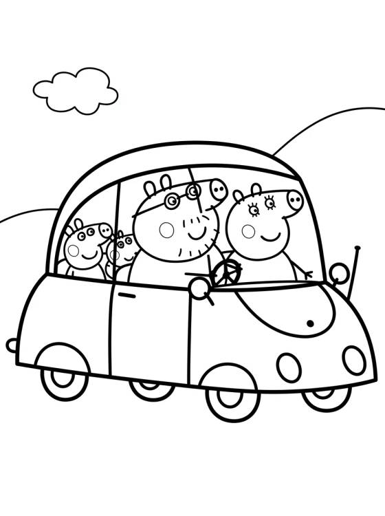 Pig Family in the Red Car para colorir Desenho de Pig Family in the Red Car para colorir e imprimir grátis