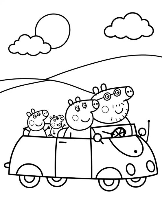 Pig Family in the Red Car para colorir Desenho de Pig Family in the Red Car para colorir e imprimir grátis