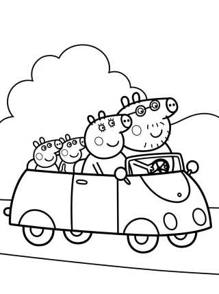 Pig Family in the Red Car para colorir Desenho de Pig Family in the Red Car para colorir e imprimir grátis