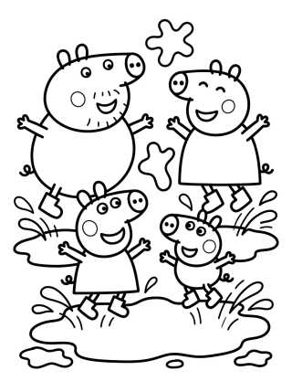 Pig Family Jumping in Muddy Puddles para colorir Desenho de Pig Family Jumping in Muddy Puddles para colorir e imprimir grátis