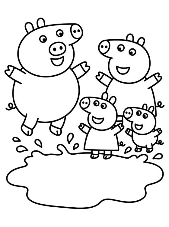 Pig Family Jumping in Muddy Puddles para colorir Desenho de Pig Family Jumping in Muddy Puddles para colorir e imprimir grátis