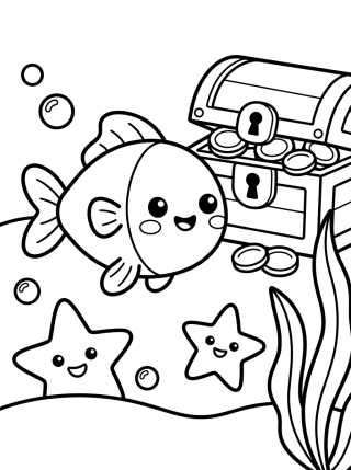 Cute Little Fish and Treasure para colorir Desenho de Cute Little Fish and Treasure para colorir e imprimir grátis