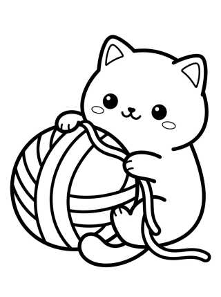 Kawaii Kitten with a Yarn Ball para colorir Desenho de Kawaii Kitten with a Yarn Ball para colorir e imprimir grátis
