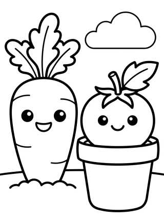 Cute Carrot and Tomato in the Garden para colorir Desenho de Cute Carrot and Tomato in the Garden para colorir e imprimir grátis