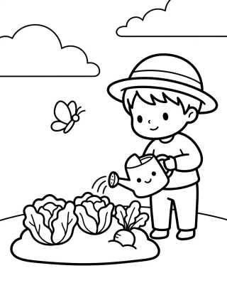 Kid Watering the Garden para colorir Desenho de Kid Watering the Garden para colorir e imprimir grátis