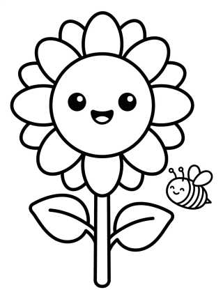 Smiling Sunflower with Little Bee para colorir Desenho de Smiling Sunflower with Little Bee para colorir e imprimir grátis