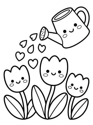 Magical Watering Can with Tulips para colorir Desenho de Magical Watering Can with Tulips para colorir e imprimir grátis