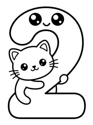 Cheerful Number 2 with Kitten para colorir Desenho de Cheerful Number 2 with Kitten para colorir e imprimir grátis