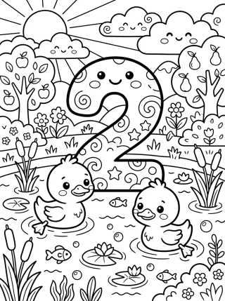 Number 2 with Cute Ducklings para colorir Desenho de Number 2 with Cute Ducklings para colorir e imprimir grátis