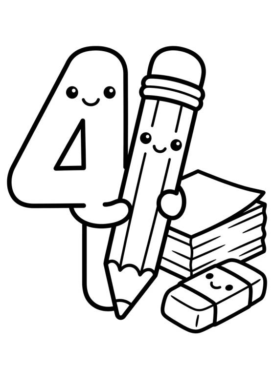 Number 4 with Kawaii Pencil para colorir Desenho de Number 4 with Kawaii Pencil para colorir e imprimir grátis