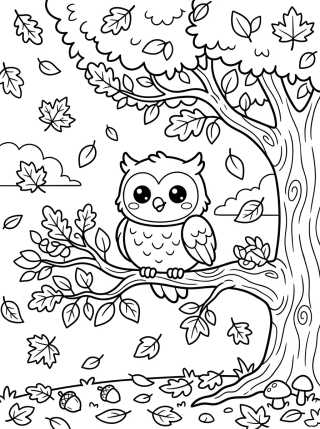 Little Owl in Autumn Tree para colorir Desenho de Little Owl in Autumn Tree para colorir e imprimir grátis