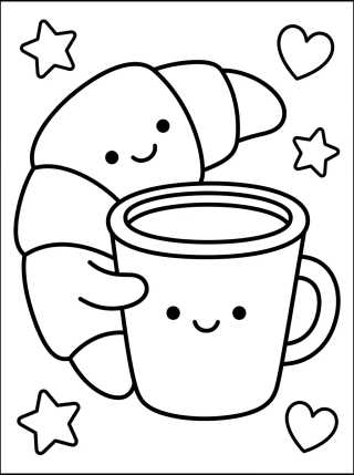 Smiling Croissant and Coffee para colorir Desenho de Smiling Croissant and Coffee para colorir e imprimir grátis