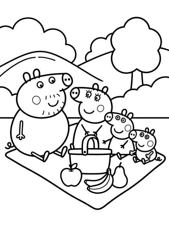 Pig Family Picnic para colorir Desenho de Pig Family Picnic para colorir e imprimir grátis