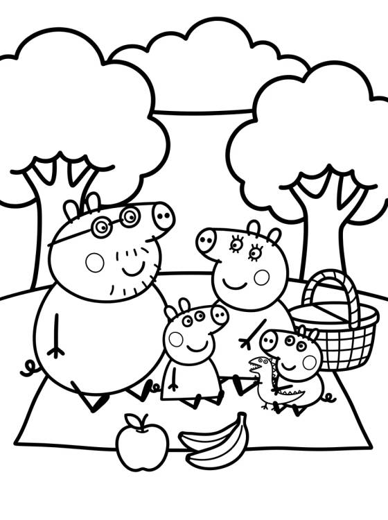 Pig Family Picnic Fun para colorir Desenho de Pig Family Picnic Fun para colorir e imprimir grátis