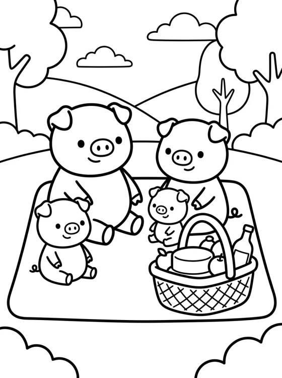 Pig Family Picnic para colorir Desenho de Pig Family Picnic para colorir e imprimir grátis