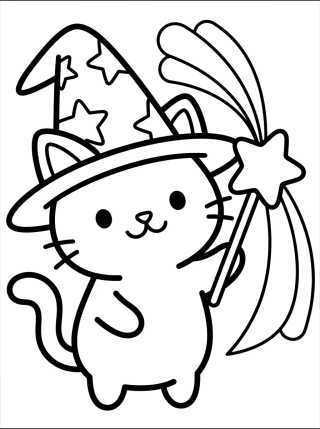 Cute Wizard Kitty with a Magic Wand para colorir Desenho de Cute Wizard Kitty with a Magic Wand para colorir e imprimir grátis