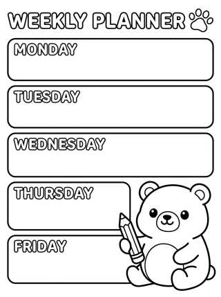 Cute Bear Weekly Planner para colorir Desenho de Cute Bear Weekly Planner para colorir e imprimir grátis