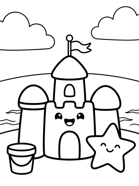 Kawaii Sandcastle at the Beach para colorir Desenho de Kawaii Sandcastle at the Beach para colorir e imprimir grátis
