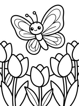 Kawaii Butterfly in a Tulip Garden para colorir Desenho de Kawaii Butterfly in a Tulip Garden para colorir e imprimir grátis
