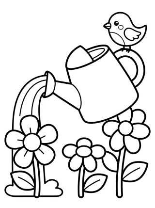 Flower Watering Can and Little Bird para colorir Desenho de Flower Watering Can and Little Bird para colorir e imprimir grátis