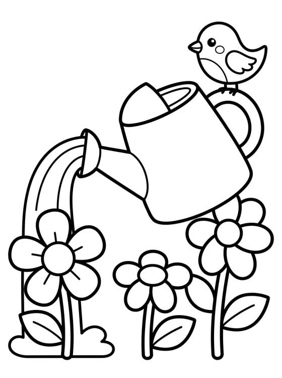 Flower Watering Can and Little Bird para colorir Desenho de Flower Watering Can and Little Bird para colorir e imprimir grátis