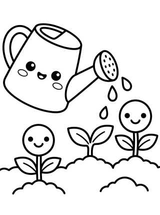 Cute Watering Can and Smiling Sprouts para colorir Desenho de Cute Watering Can and Smiling Sprouts para colorir e imprimir grátis
