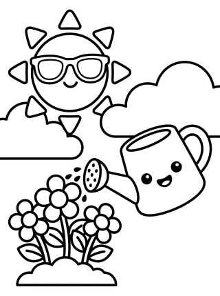 Cute Sun and Garden Watering Can para colorir Desenho de Cute Sun and Garden Watering Can para colorir e imprimir grátis