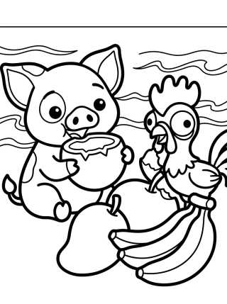 Pua and Hei Hei Eating Fruit on the Beach para colorir Desenho de Pua and Hei Hei Eating Fruit on the Beach para colorir e imprimir grátis