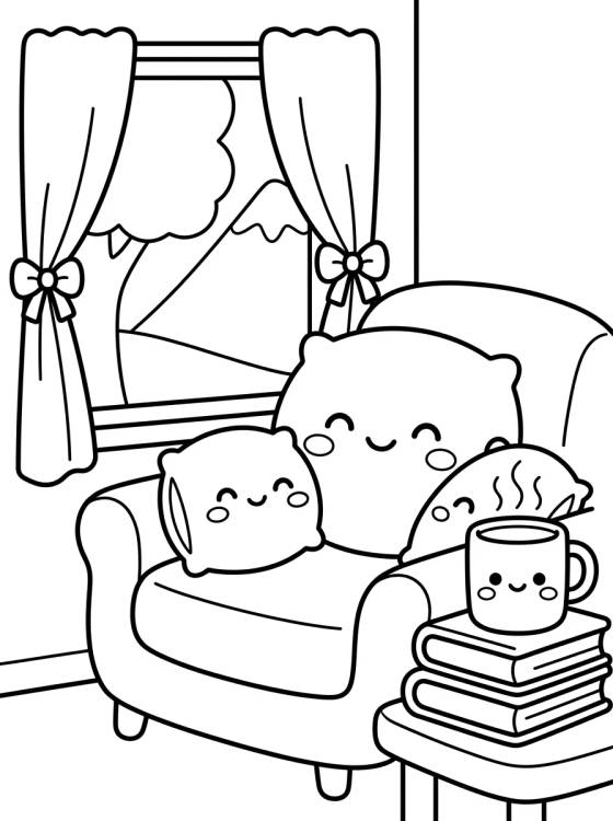 Cozy Reading Nook para colorir Desenho de Cozy Reading Nook para colorir e imprimir grátis
