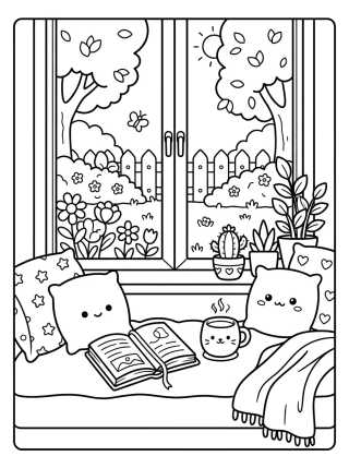 Cozy Coffee and Reading Window Nook para colorir Desenho de Cozy Coffee and Reading Window Nook para colorir e imprimir grátis