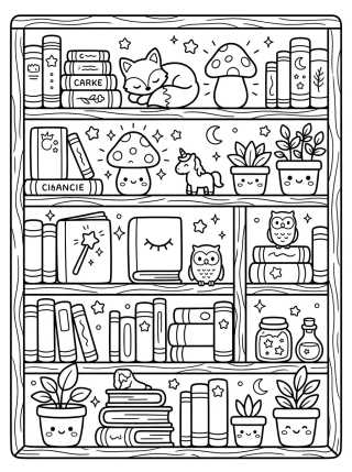 Cozy Magical Bookshelf para colorir Desenho de Cozy Magical Bookshelf para colorir e imprimir grátis