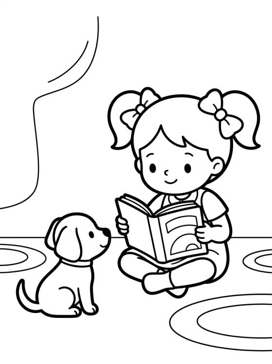 Girl Reading to her Puppy para colorir Desenho de Girl Reading to her Puppy para colorir e imprimir grátis
