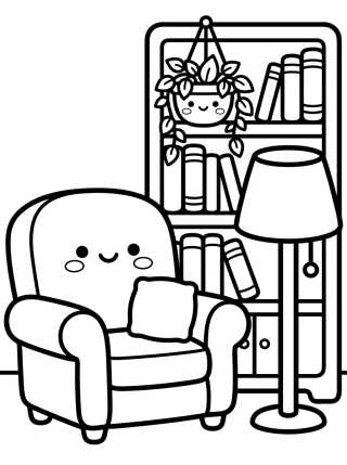 Cozy Armchair and Bookshelf para colorir Desenho de Cozy Armchair and Bookshelf para colorir e imprimir grátis