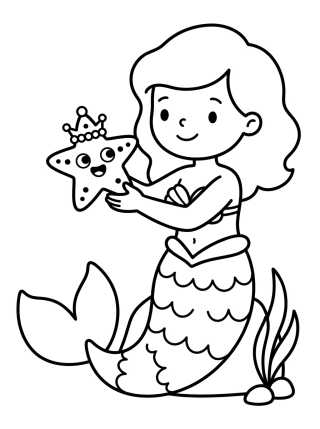 Mermaid Girl Playing with Starfish para colorir Desenho de Mermaid Girl Playing with Starfish para colorir e imprimir grátis