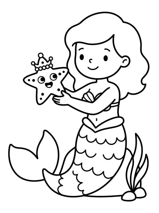 Mermaid Girl Playing with Starfish para colorir Desenho de Mermaid Girl Playing with Starfish para colorir e imprimir grátis