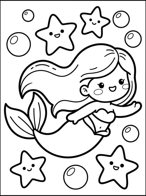 MerCat Swimming with Starfish para colorir Desenho de MerCat Swimming with Starfish para colorir e imprimir grátis