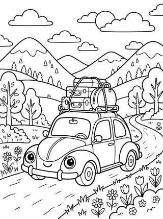 Cute Car on a Vacation Trip para colorir Desenho de Cute Car on a Vacation Trip para colorir e imprimir grátis