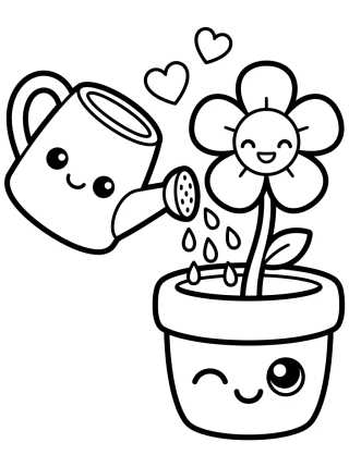 Friendly Watering Can and Flower Pot para colorir Desenho de Friendly Watering Can and Flower Pot para colorir e imprimir grátis